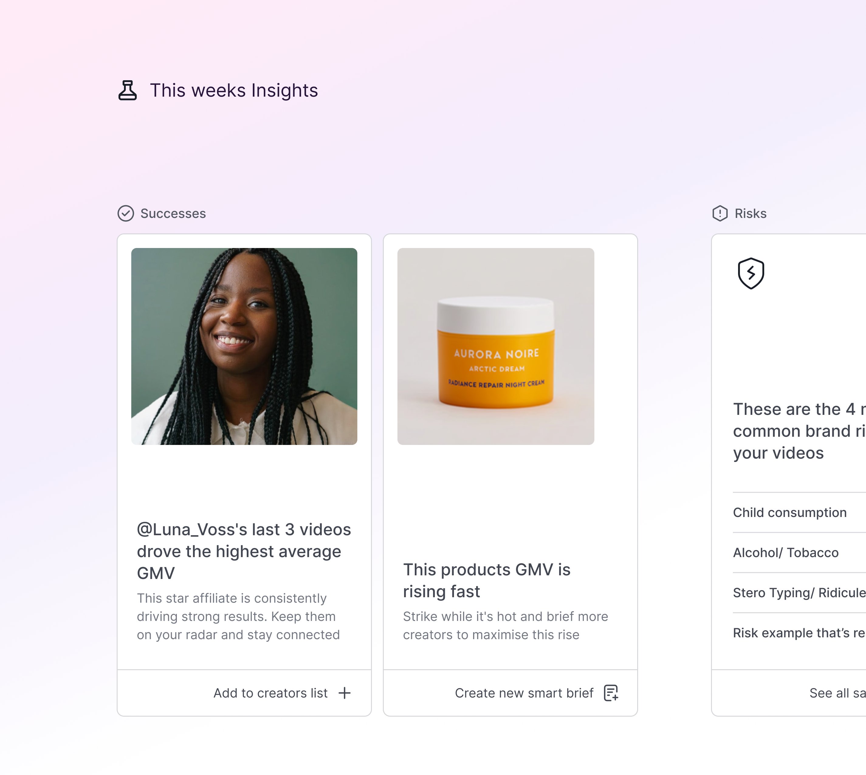 Performance insights dashboard showing creator and product analytics